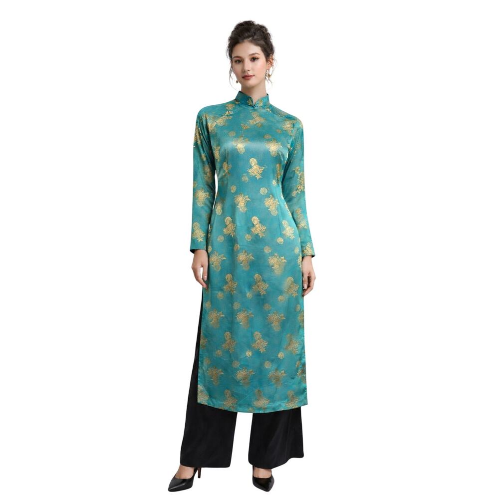 Handmade Teal & Gold Brocade Áo Dài Top – Size S